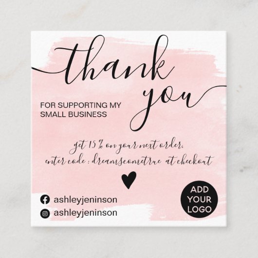 モダンブラシストロークの水の色のピンクの順感謝していに スクエア名刺 (正面)