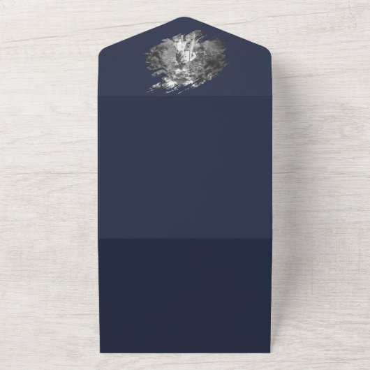 モダンブラシストロークフォトウェディング | ネイビーブルー オールインワン招待状 (外側)