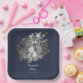 モダンブラシストロークフォトウェディング | ネイビーブルー ペーパープレート (パーティー)