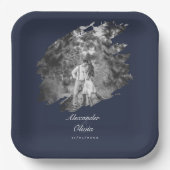 モダンブラシストロークフォトウェディング | ネイビーブルー ペーパープレート (正面)