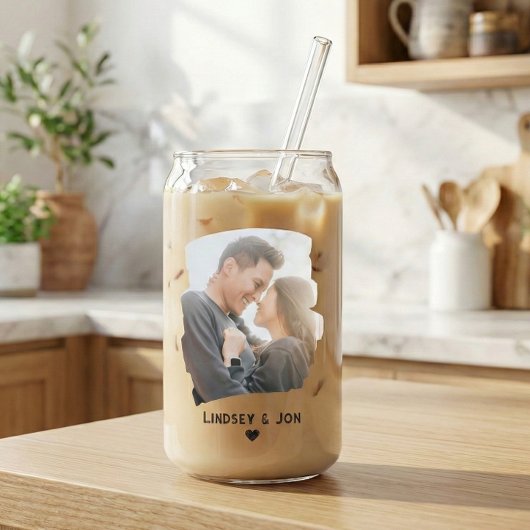 モダンブラシストローク カップル 写真+名前 アイスコーヒー ガラス缶