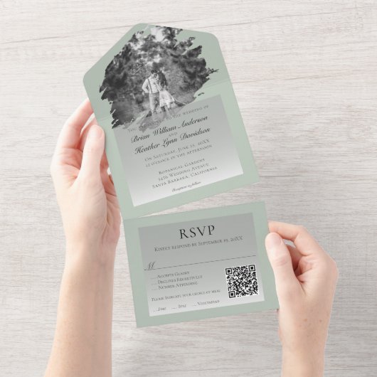 モダンブラシストロ結婚ーク | セージグリーン オールインワン招待状 (貼ってはがせる)