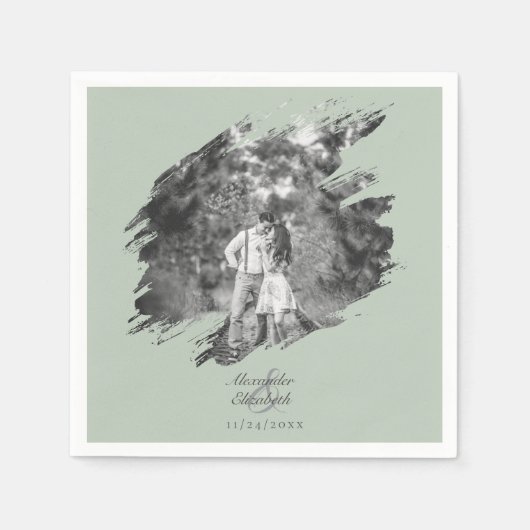 モダンブラシストロ結婚ーク | セージグリーン スタンダードカクテルナプキン (正面)