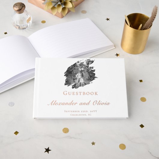 モダンブラシストロ結婚ーク | ヘビーホワイト ゲストブック (正面見開き)