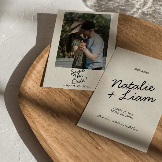 モダンブラックお洒落クリームレトロ写真結婚 セーブザデート