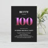 モダンブラックとピンクのサプライズ100歳の誕生日 招待状 (スタンド正面)