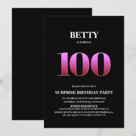 モダンブラックとピンクのサプライズ100歳の誕生日 招待状