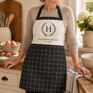 モダンブラックウィンドウペイン柄 パーソナライズ ファミリーモノグラム エプロン