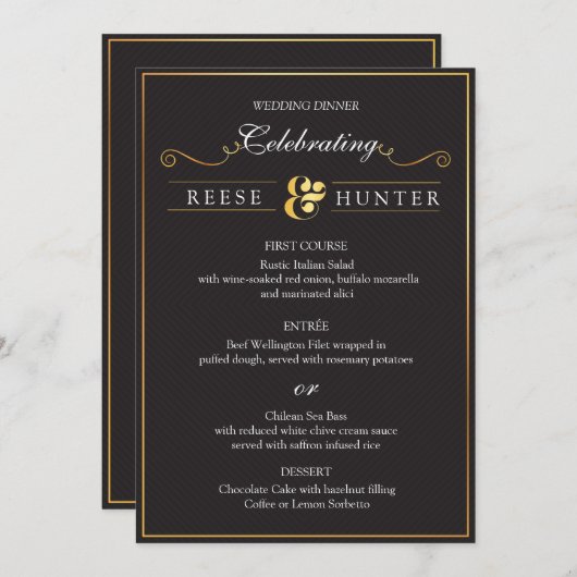 モダンブラックゴールドエレガントウェディングメニューカード 招待状 (正面/裏面)