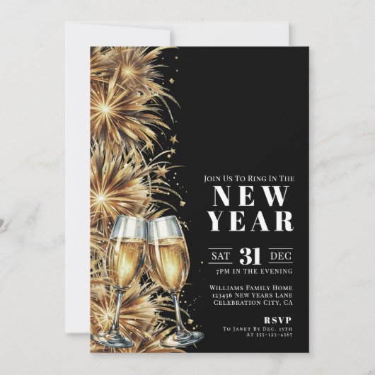 モダンブラックゴールドシャンパン新年のパーティー 招待状 (正面)