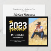 モダンブラックゴールドスクリプト写真 卒業パーティー 招待状 (正面/裏面)