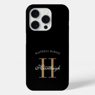 モダンブラックゴールドホワイトモノグラム名 iPhone 15 PROケース