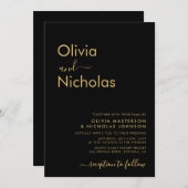 モダンブラックゴールド タイポグラフィ モノグラム ウェディング 招待状 (正面/裏面)
