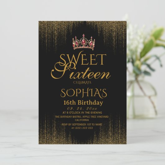 モダンブラックシックなSweet 16 誕生日 招待状 (スタンド正面)
