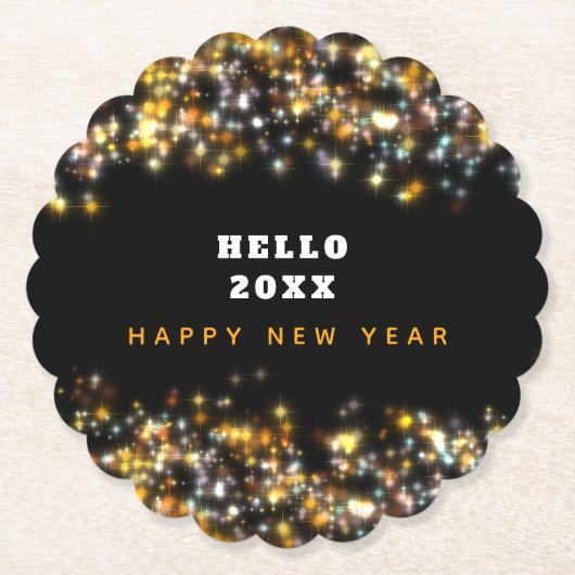 モダンブラックハッピーニューイヤー金ゴールドグリッターきらめく ペーパーコースター (正面)