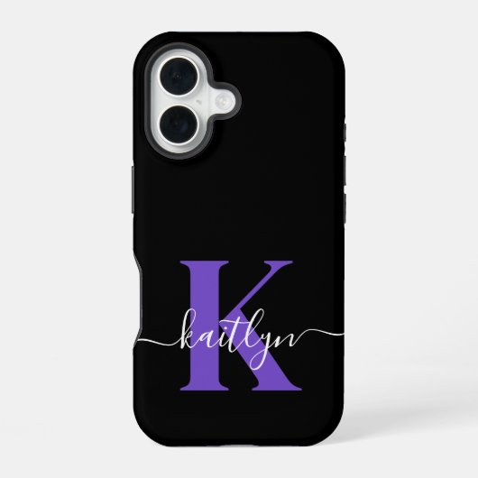 モダンブラックパープルスクリプトモノグラム iPhone 16ケース (裏面)
