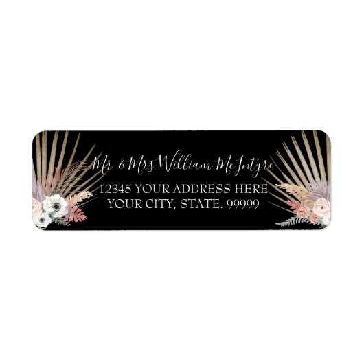 モダンブラックピンクフローラトロピカルパ結婚ーム ラベル (正面)
