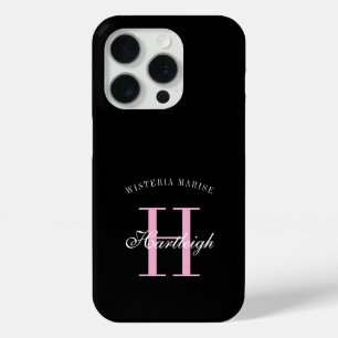 モダンブラックピンクホワイトモノグラムネーム iPhone 15 PROケース