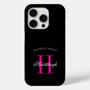 モダンブラックピンクホワイトモノグラム名 iPhone 15 PROケース