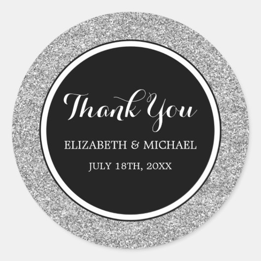 モダンブラックフェイクシルバーグリッター結婚ズ・サンキュー ラウンドシール (正面)