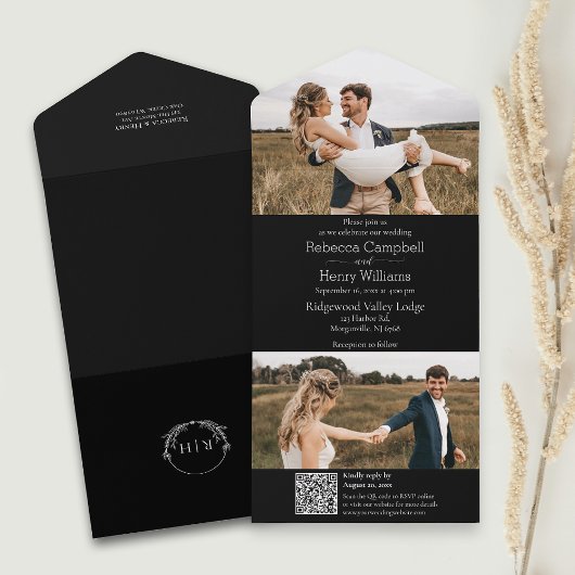 モダンブラックフォト | モノグラム | QRコード オールインワン招待状