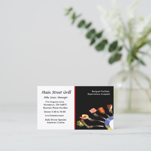 モダンブラックフードオンフォークスプロフェッショナルレストラン 名刺 (スタンド正面)