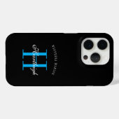 モダンブラックブルーホワイトモノグラムネーム Case-Mate iPhoneケース (裏面 (横))