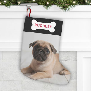 モダンブラックボーンネームタグ ペット ドッグ 写真 名前入り スモールクリスマスストッキング
