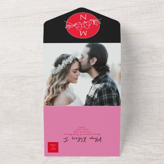 モダンブラックマゼンタウェディング オールインワン招待状 (外側)