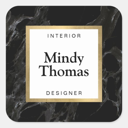 モダンブラックマーブル フェイクゴールドフレーム スクエアシール (正面)