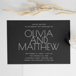 モダンブラックミニマリスト結婚式 | 写真とQRコード 招待状
