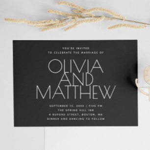 モダンブラックミニマリスト結婚式 写真とQRコード 招待状