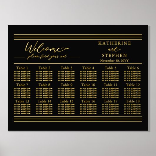 モダンブラックミニマルウェディング席次表 - 18 箔ポスター (正面)