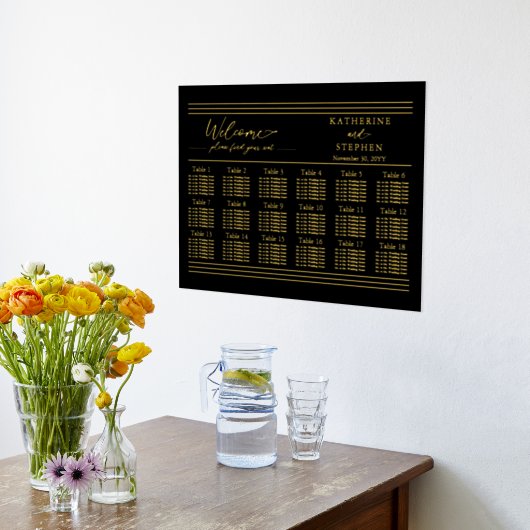 モダンブラックミニマルウェディング席次表 - 18 箔ポスター (レイダウン (キッチン))