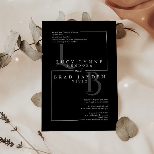 モダンブラック幾何学イニシャル結婚式招待状 招待状