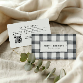 モダンブラック水色バッファロープレイドQRコード 名刺