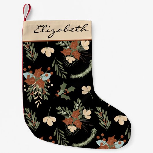 モダンブラック葉ホリーズとベリーパーソナライズされた スモールクリスマスストッキング (正面)