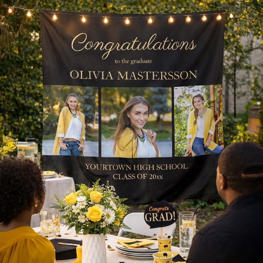 モダンブラック3枚写真 卒業おめでとう タペストリー