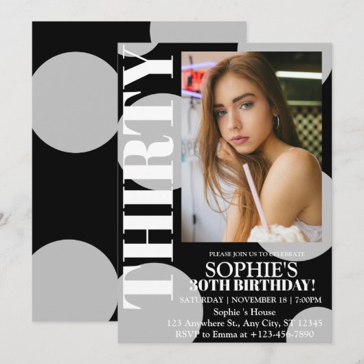 モダンブラック30歳の誕生日パーティー写真 招待状 (正面/裏面)