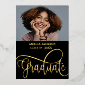 モダンブラック&ゴールドの写真コラージュ卒業生 箔招待状 (正面)