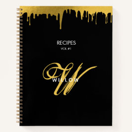 モダンブラック＆ゴールドモノグラム ヴィンテージスクリプト レシピ ノートブック