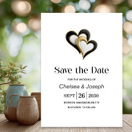 モダンブラック&ゴールドラブハートの結婚式延期案内 セーブザデート
