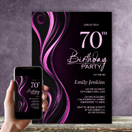 モダンブラック&ピンクの70歳の誕生日パーティー 招待状