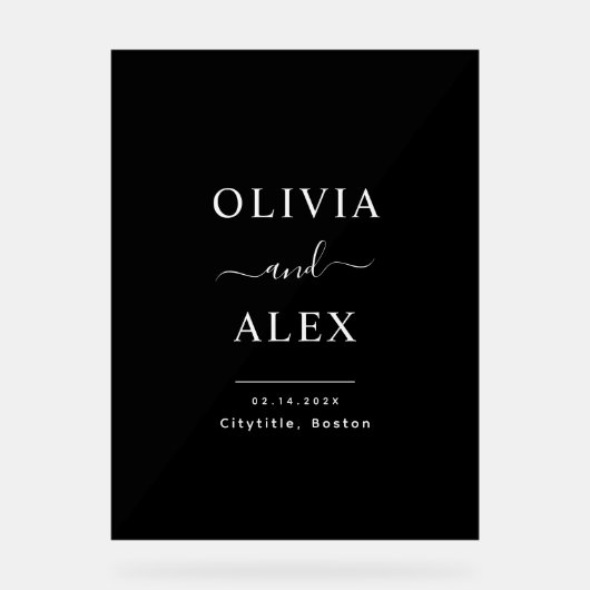 モダンブラック&ホワイトパーソナライズされたウェルカム結婚ズ アクリルサイン (正面)