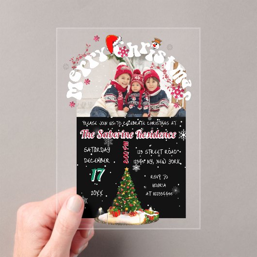 モダンブラック メリークリスマス フォト グラフィティ パーティー アクリル招待状 (インサイチュ (ポータブル))