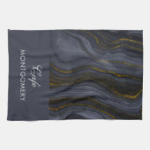 モダンブラック&金ゴールドアガテストーン抽象芸術 キッチンタオル (横)