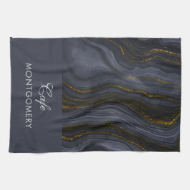 モダンブラック&金ゴールドアガテストーン抽象芸術 キッチンタオル