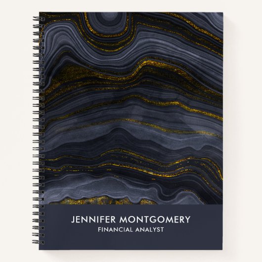 モダンブラック&金ゴールドアガテストーン抽象芸術 ノートブック (正面)
