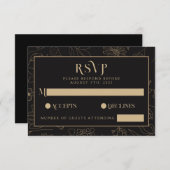 モダンブラック&金ゴールドアネモネフローラ結婚ズ 出欠カード (正面/裏面)