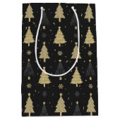 モダンブラック&金ゴールドエレガントクリスマスツリーパターン ミディアムペーパーバッグ (正面)